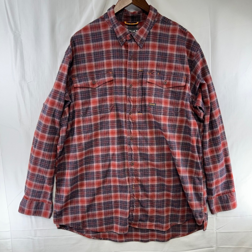 Ariat Rebar Flannel Work Shirt Mens XL Red Navy Plaid Long Sleeve 10052804